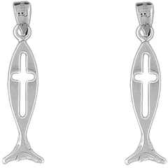Sterling Silver 36mm Christian Fish With Cross Earrings