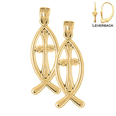Sterling Silver 29mm Christian Fish With Cross Earrings (White or Yellow Gold Plated)