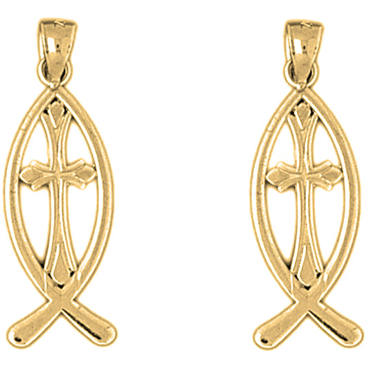 14K or 18K Gold 29mm Christian Fish With Cross Earrings