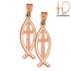 14K or 18K Gold Christian Fish With Cross Earrings