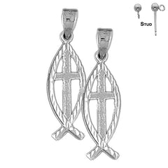 Sterling Silver 32mm Christian Fish With Cross Earrings (White or Yellow Gold Plated)