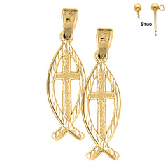 14K or 18K Gold Christian Fish With Cross Earrings