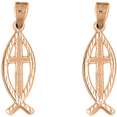 14K or 18K Gold 32mm Christian Fish With Cross Earrings