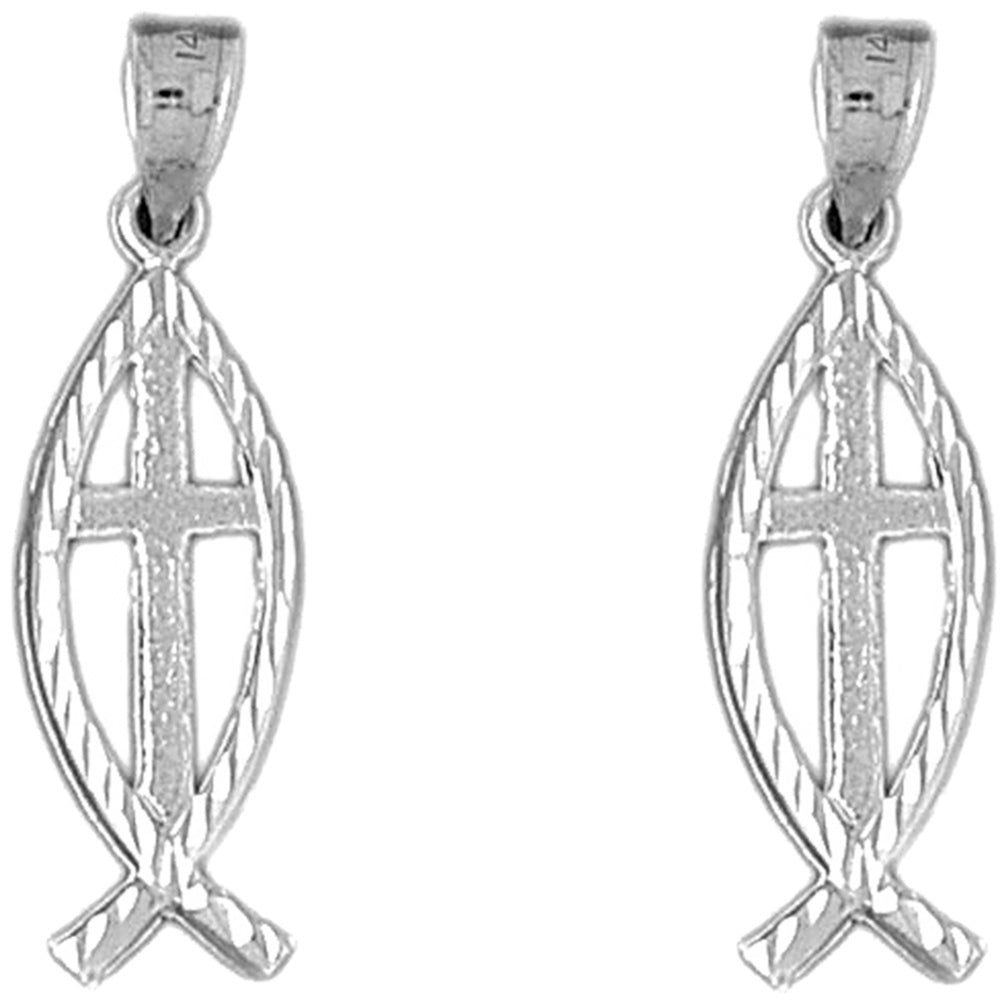 Sterling Silver 32mm Christian Fish With Cross Earrings