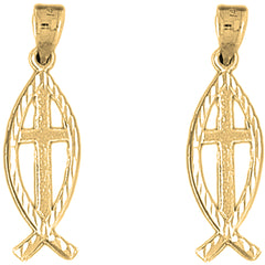14K or 18K Gold 32mm Christian Fish With Cross Earrings