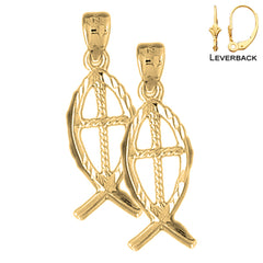 Sterling Silver 31mm Christian Fish With Cross Earrings (White or Yellow Gold Plated)