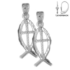 14K or 18K Gold Christian Fish With Cross Earrings