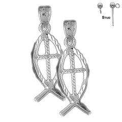 Sterling Silver 31mm Christian Fish With Cross Earrings (White or Yellow Gold Plated)