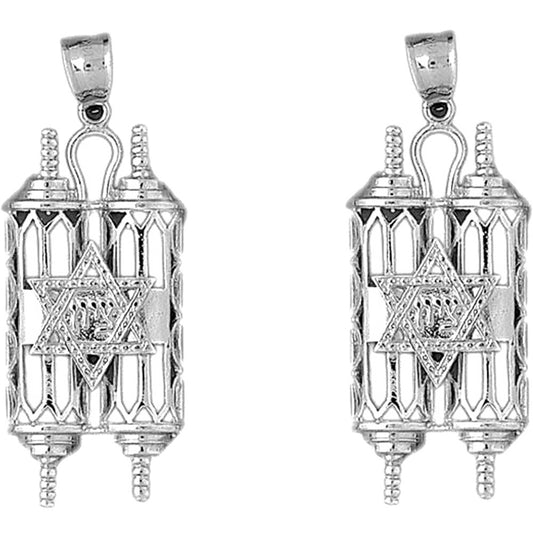 Sterling Silver 49mm Jewish Torah Scroll with Star Earrings