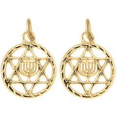 14K or 18K Gold 19mm Star of David with Menorah Earrings