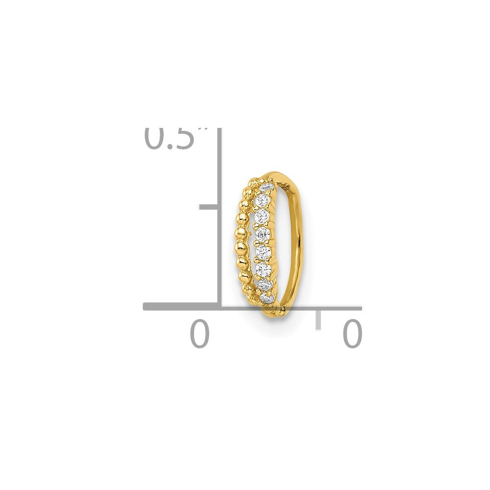 14K Yellow Gold 18 Gauge Double Row Beaded & CZ Nose Ring Ear Cuff
