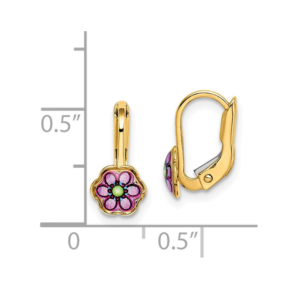 14K Yellow Gold Children's Enamel Flower Leverback Earrings