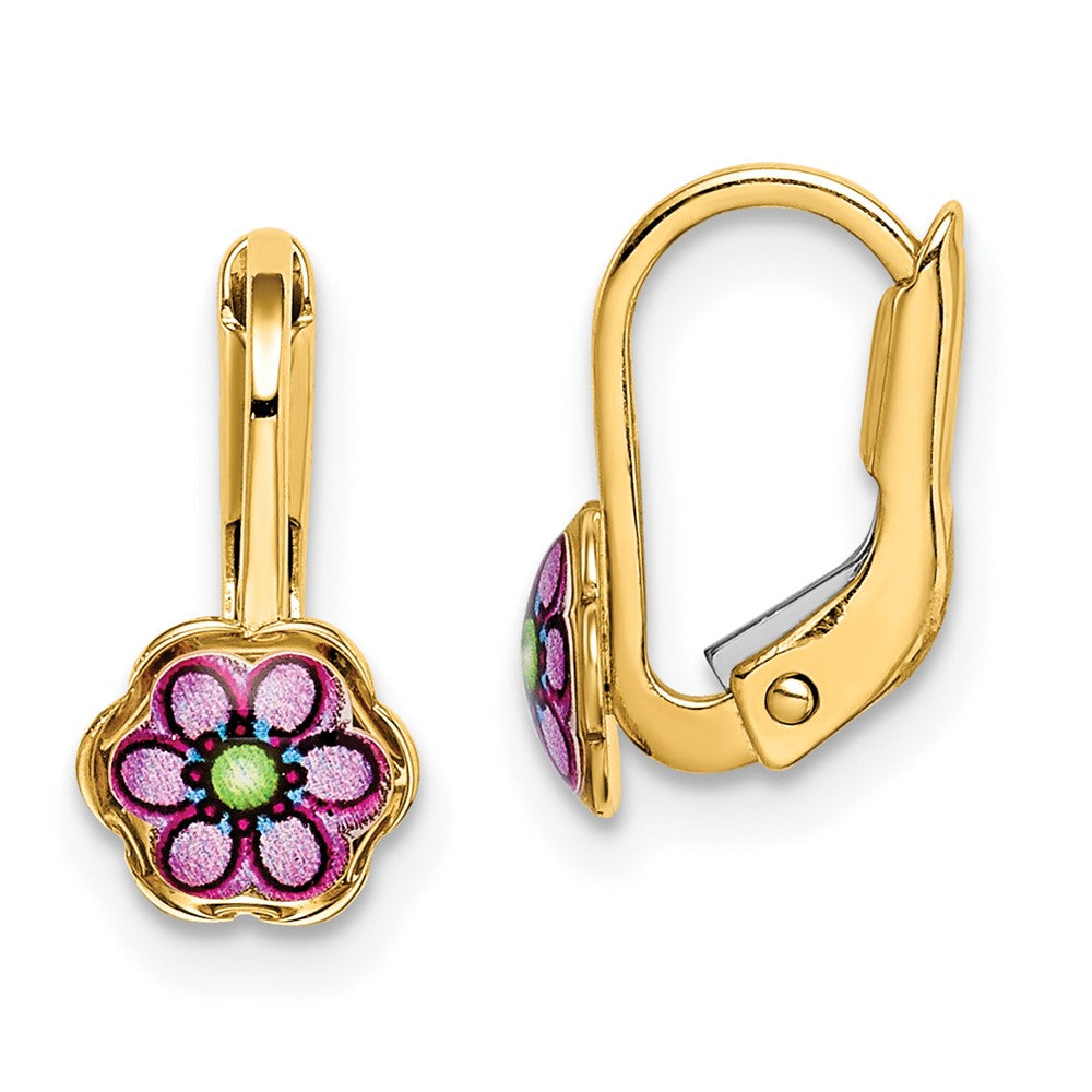 14K Yellow Gold Children's Enamel Flower Leverback Earrings