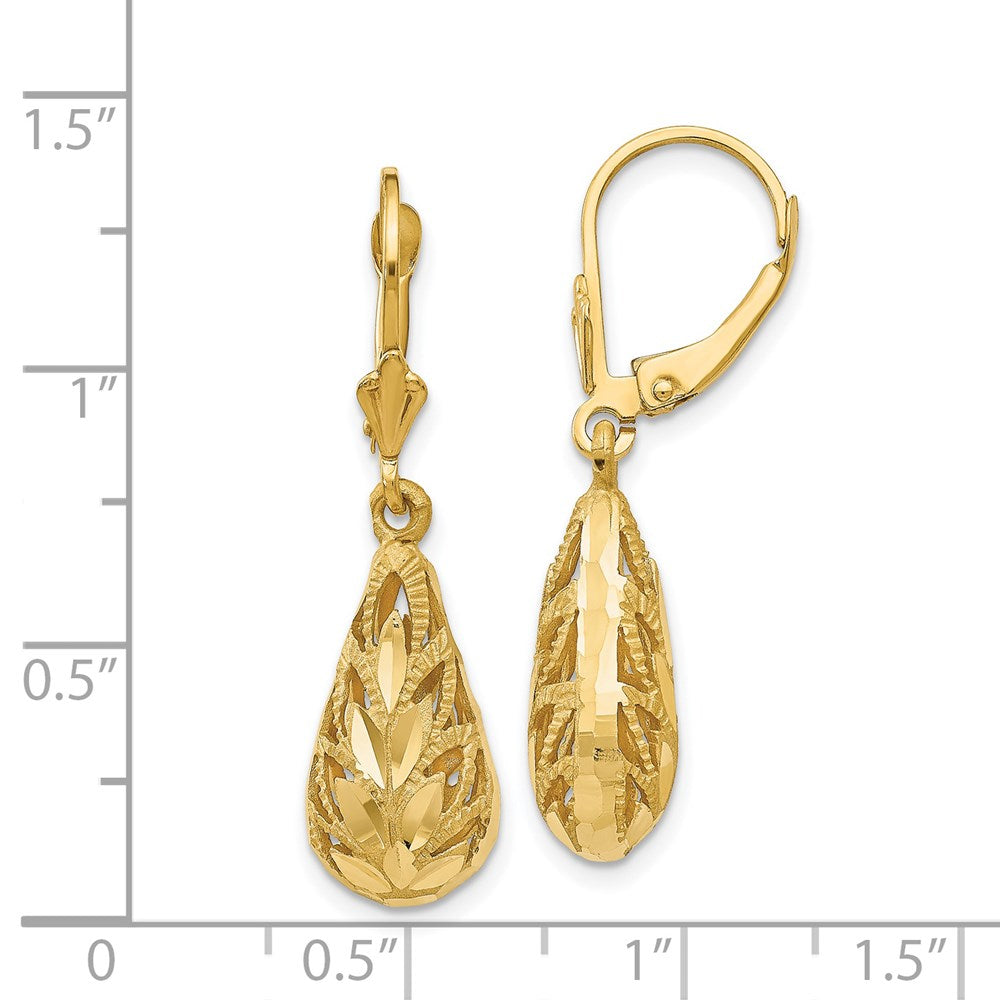 14K Yellow Gold Polished and Diamond-cut Dangle Leverback Earrings