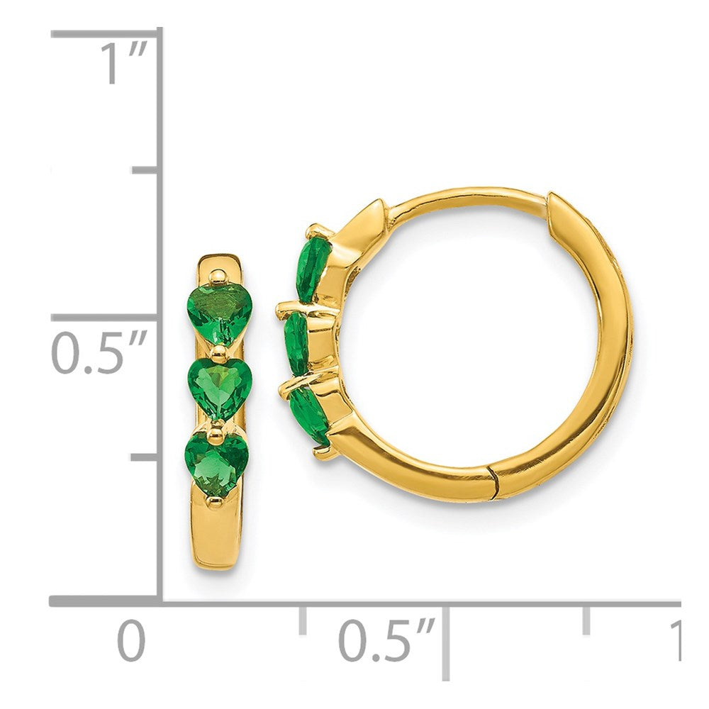 14K Yellow Gold Created Emerald Polished Hinged Hoop Earrings