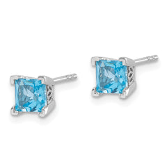 14K White Gold Square Blue Topaz Earrings