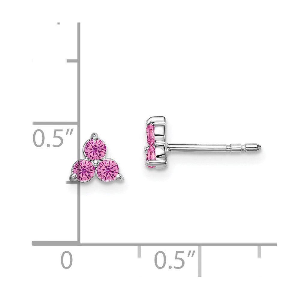 14K White Gold 3-stone Created Pink Sapphire Triangle Earrings
