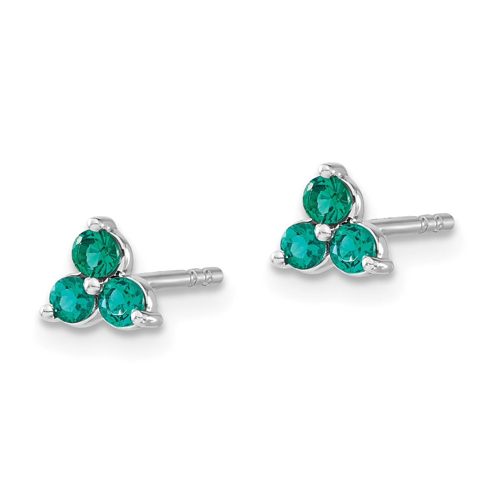 14K White Gold 3-stone Created Emerald Triangle Earrings