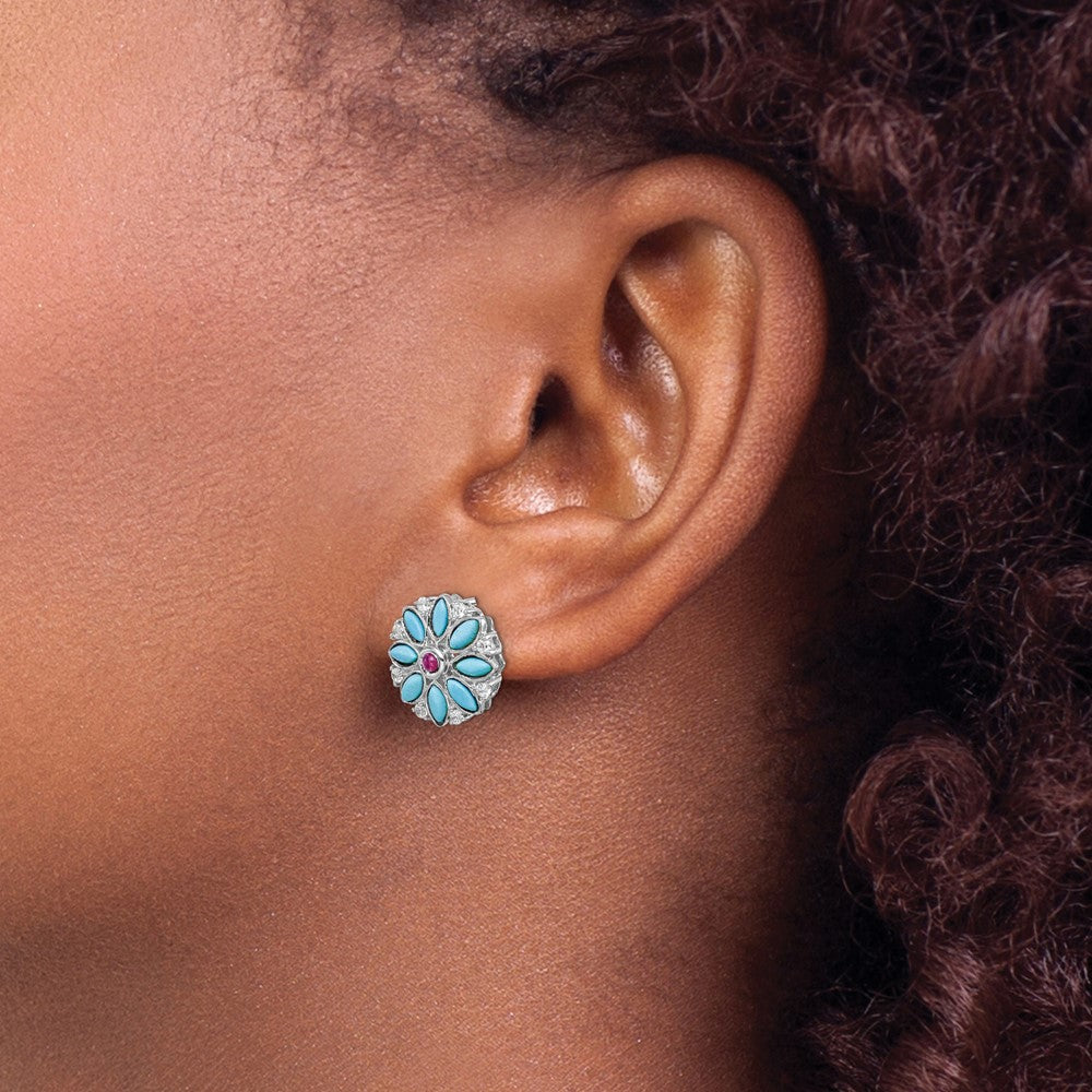 14K White Gold Turquoise Creat. Ruby Wht. Topaz Floral Earrings