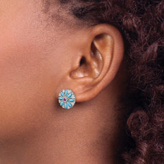 14K White Gold Turquoise Creat. Ruby Wht. Topaz Floral Earrings