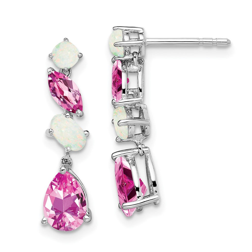 14K White Gold Created Pink Sapphire and Opal Dangle Earrings