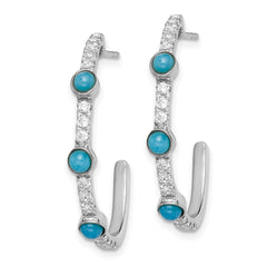 14K White Gold Turquoise and White Topaz J-hoop Earrings