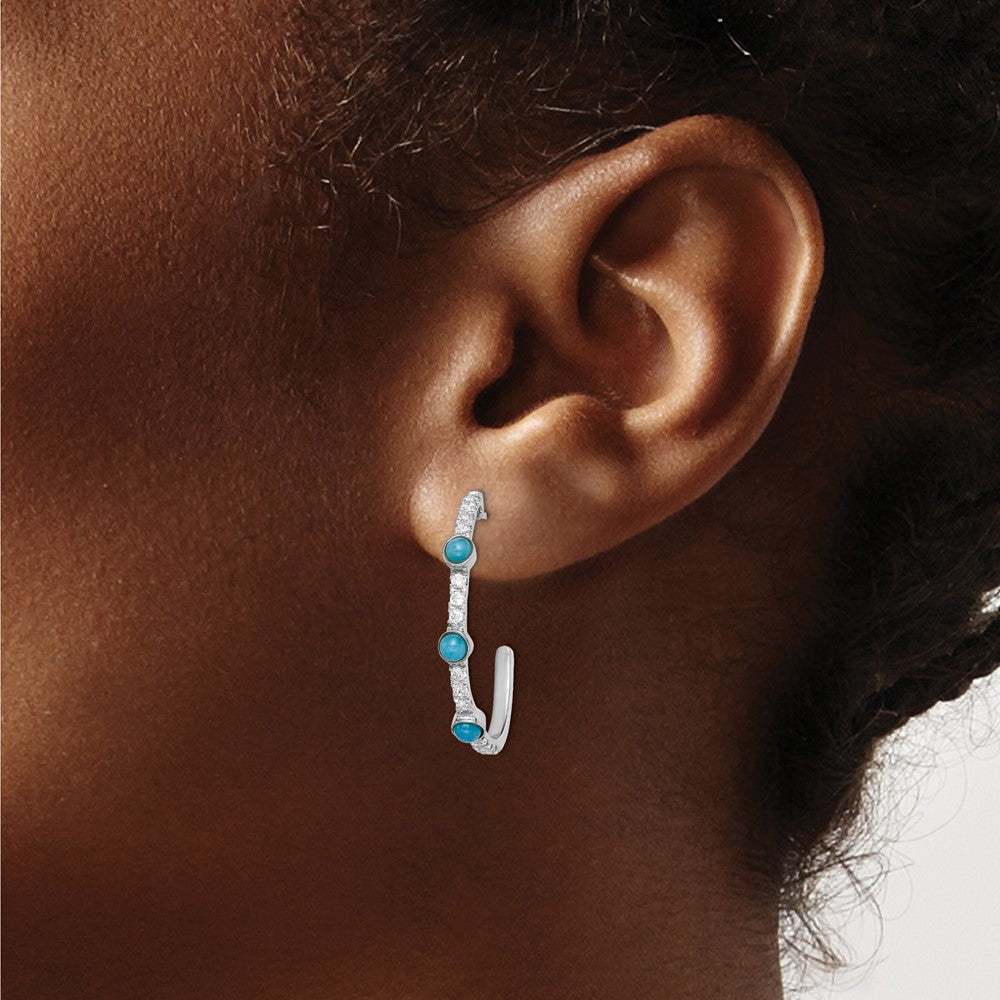 14K White Gold Turquoise and White Topaz J-hoop Earrings