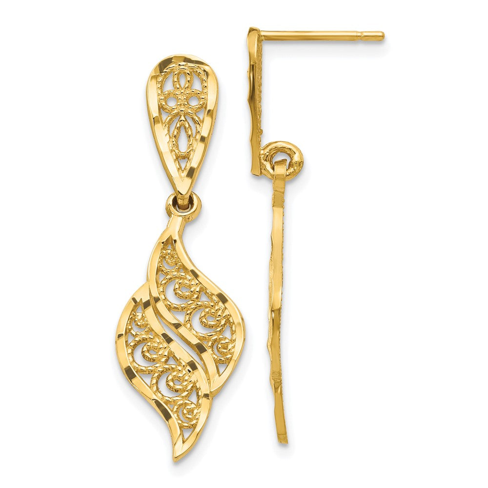 14K Yellow Gold Polished & Diamond-cut Filigree Swirl Dangle Post Earrings