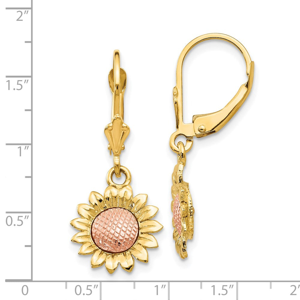 14K Two-Tone Gold Polished Sunflower Dangle Leverback Earrings