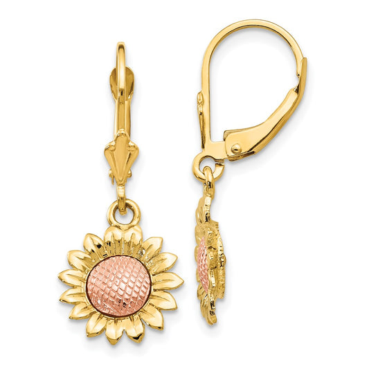 14K Two-Tone Gold Polished Sunflower Dangle Leverback Earrings