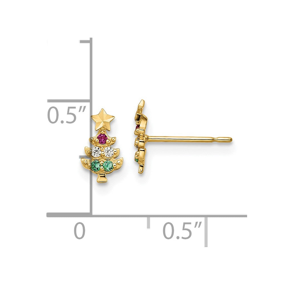 14K Yellow Gold Madi K Red & Clear CZ & Green Glass Christmas Tree Post Earrings