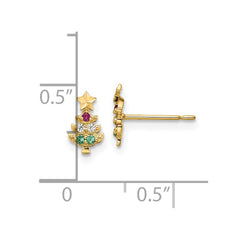 14K Yellow Gold Madi K Red & Clear CZ & Green Glass Christmas Tree Post Earrings