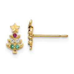 14K Yellow Gold Madi K Red & Clear CZ & Green Glass Christmas Tree Post Earrings