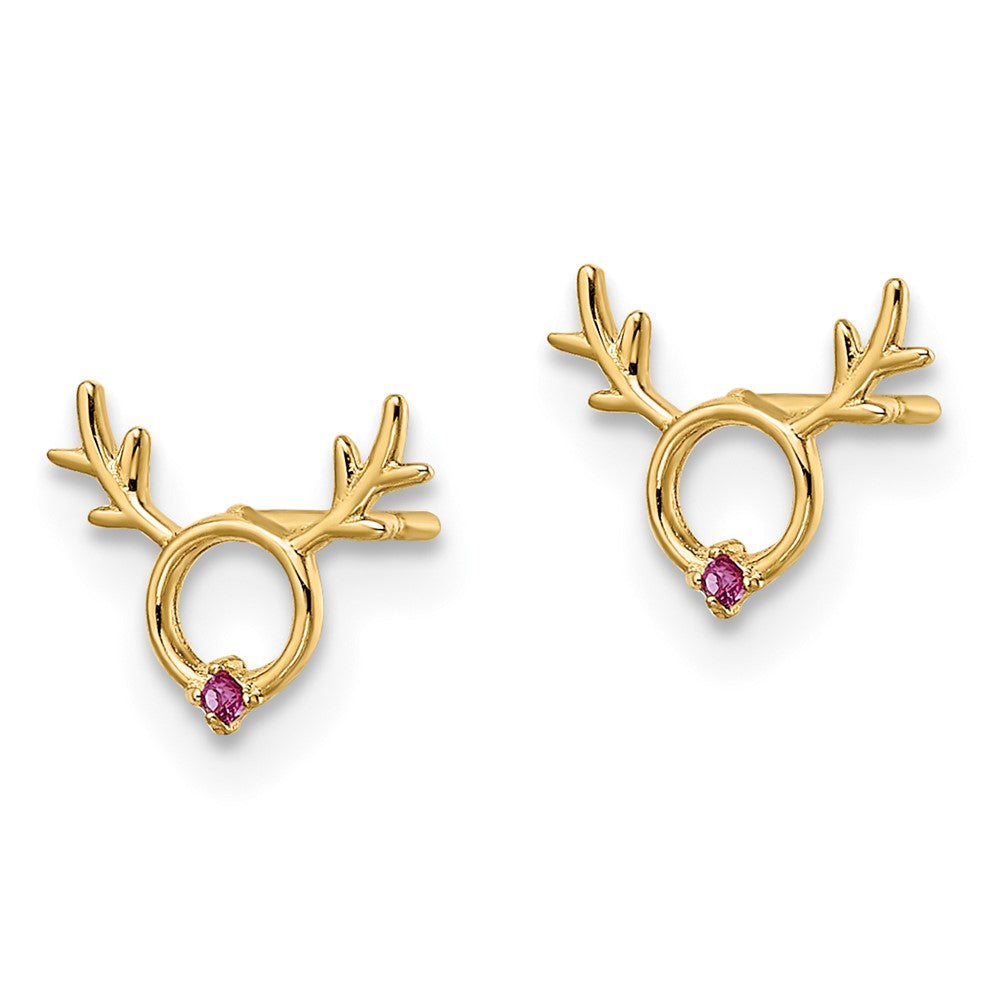 14K Yellow Gold Madi K Red CZ Reindeer Post Earrings