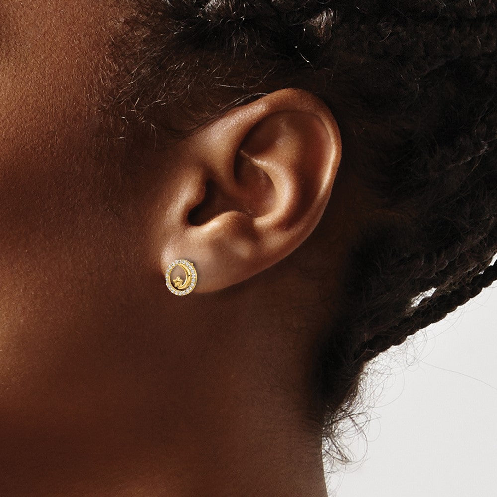 14K Yellow Gold Madi K Polished CZ Moon and Stars Post Earrings
