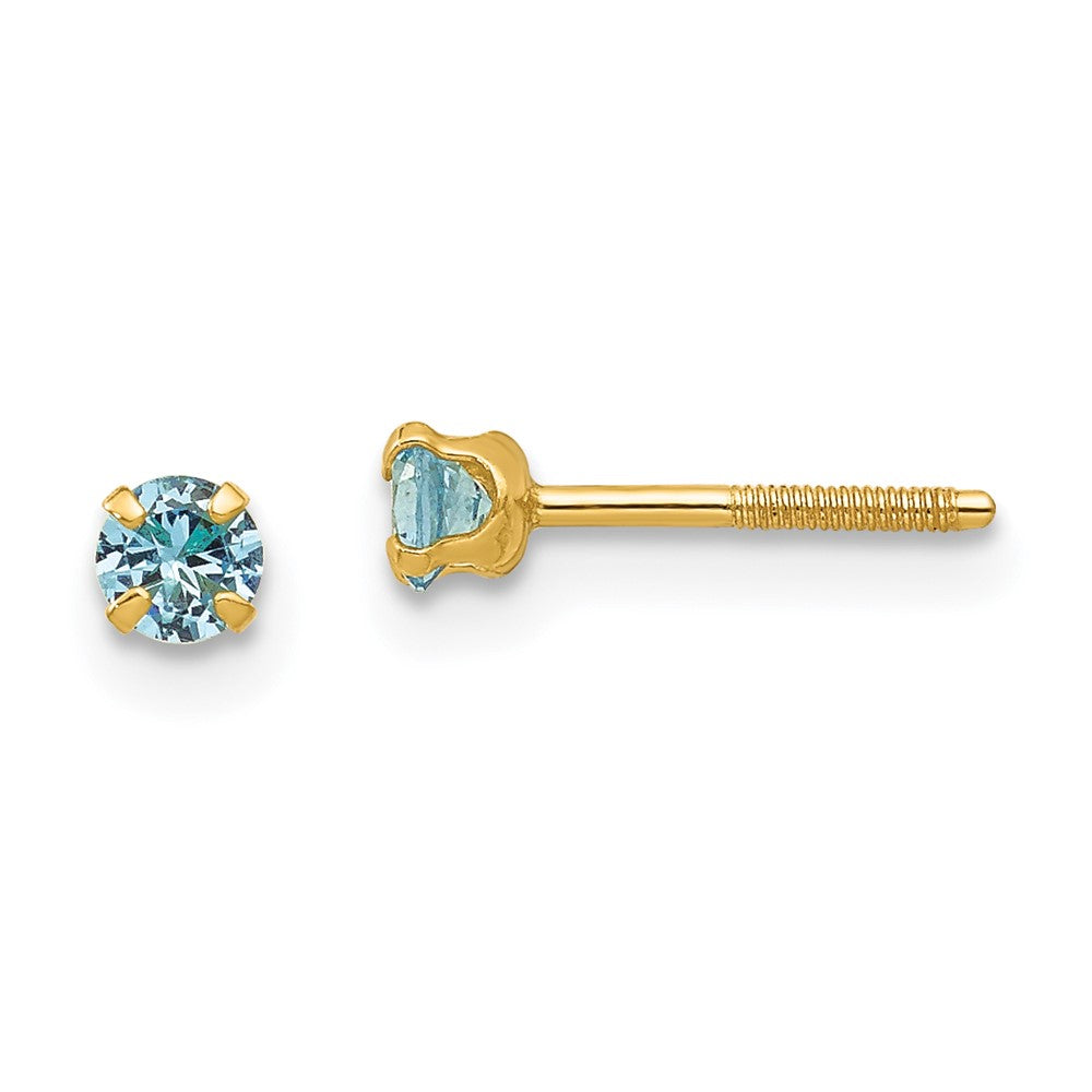 14K Yellow Gold Madi K 3mm Synthetic Blue Zircon Birthstone Stud Earrings