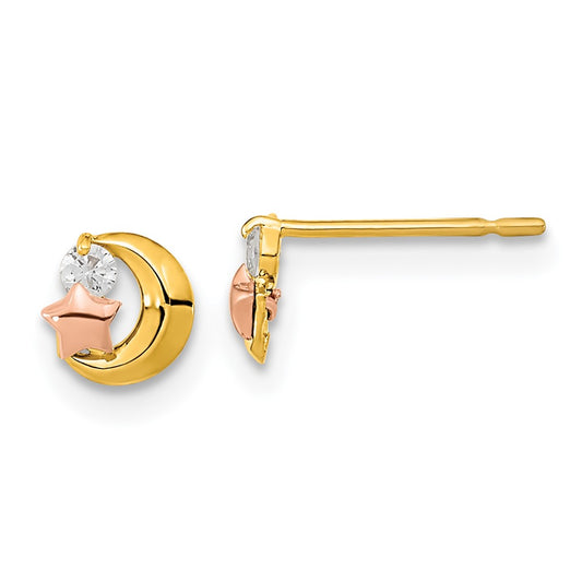 14K Tri-Color Gold Madi K CZ Moon and Star Post Earrings