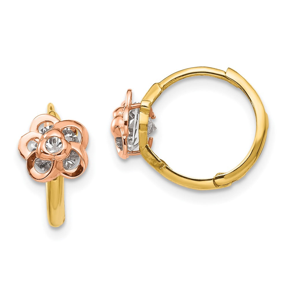 14K Yellow & Rose Gold Madi K CZ Flower Hinged Hoop Earrings