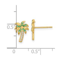14K Yellow Gold Madi K Green & Clear CZ Palm Tree Post Earrings