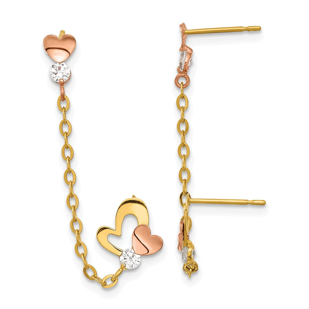 14K Two-Tone Gold Madi K CZ Double Post with Chain Heart Earrings