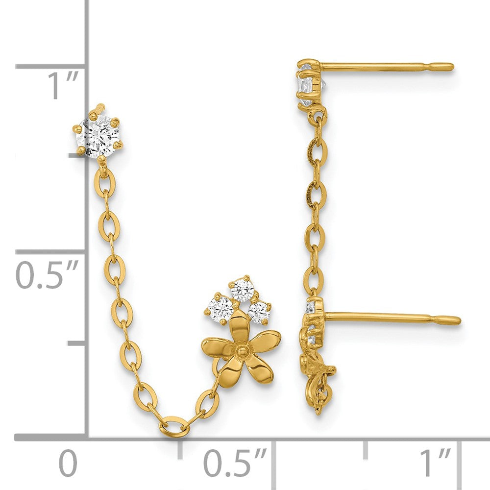 14K Yellow Gold Madi K CZ Double Post with Chain Flower Earrings