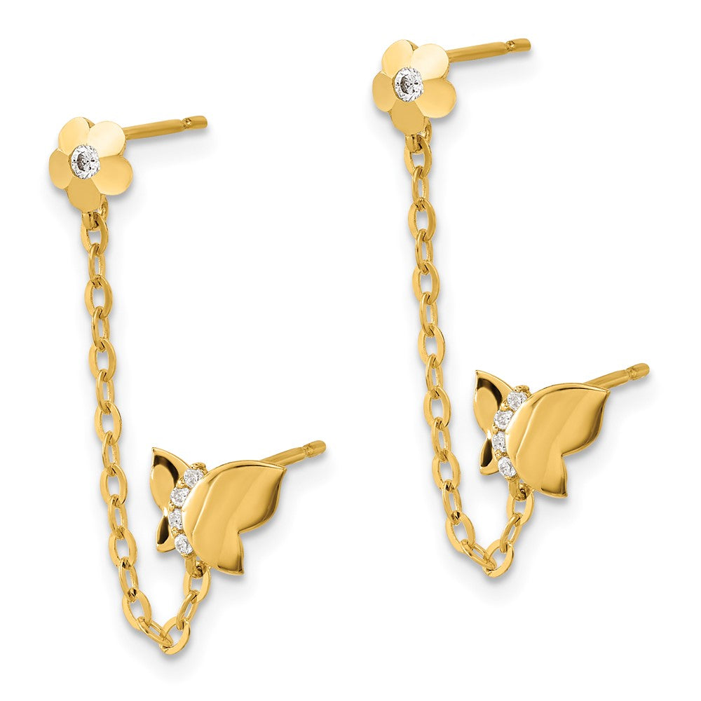 14K Yellow Gold Madi K CZ Double Post with Chain Butterfly & Flower Earrings