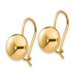 14K Yellow Gold Polished 10.5mm Button Kidney Wire Earrings