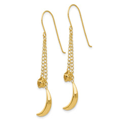 14K Yellow Gold Chain Dangle Puffed Moon & Stars Shepherd Hook Earrings