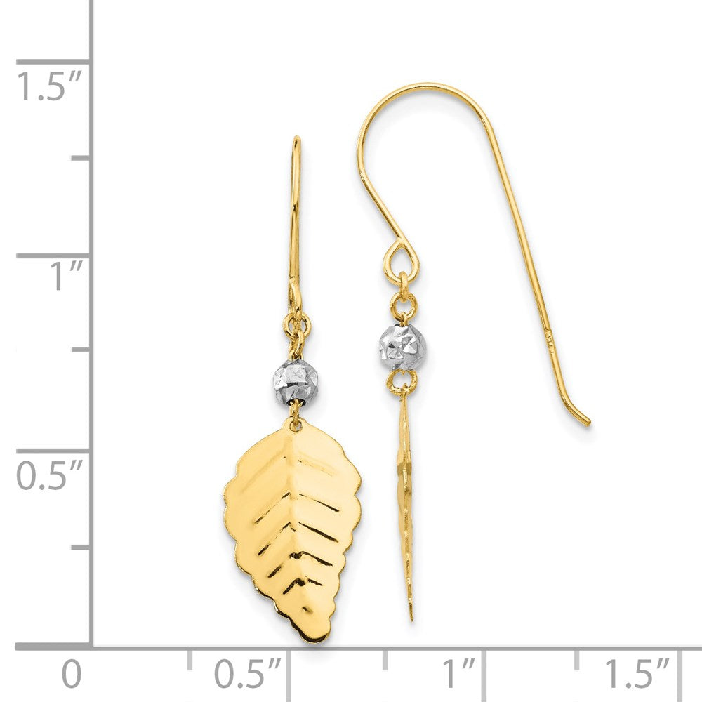 14K Two-Tone Gold Stamped Leaf Shepherd Hook Earrings
