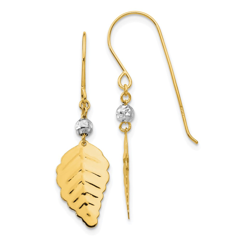 14K Two-Tone Gold Stamped Leaf Shepherd Hook Earrings