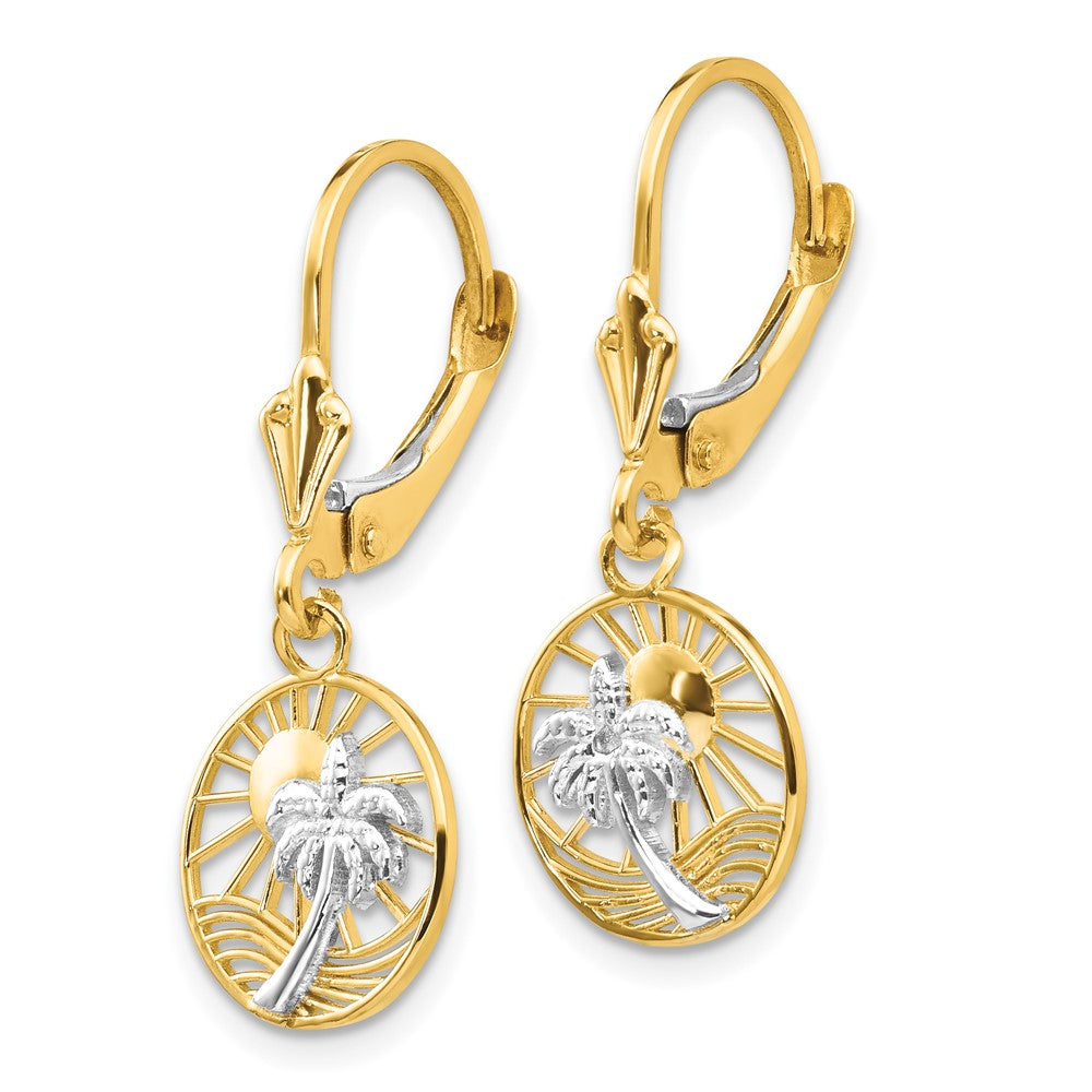 14K Two-Tone Gold Palm Tree Leverback Earrings