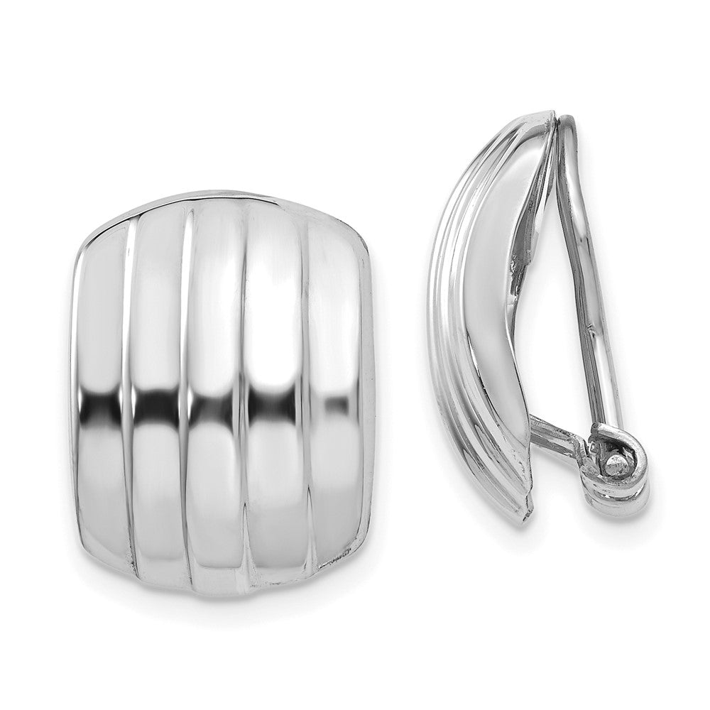 14K White Gold Polished Ribbed Non-pierced Omega Back Earrings