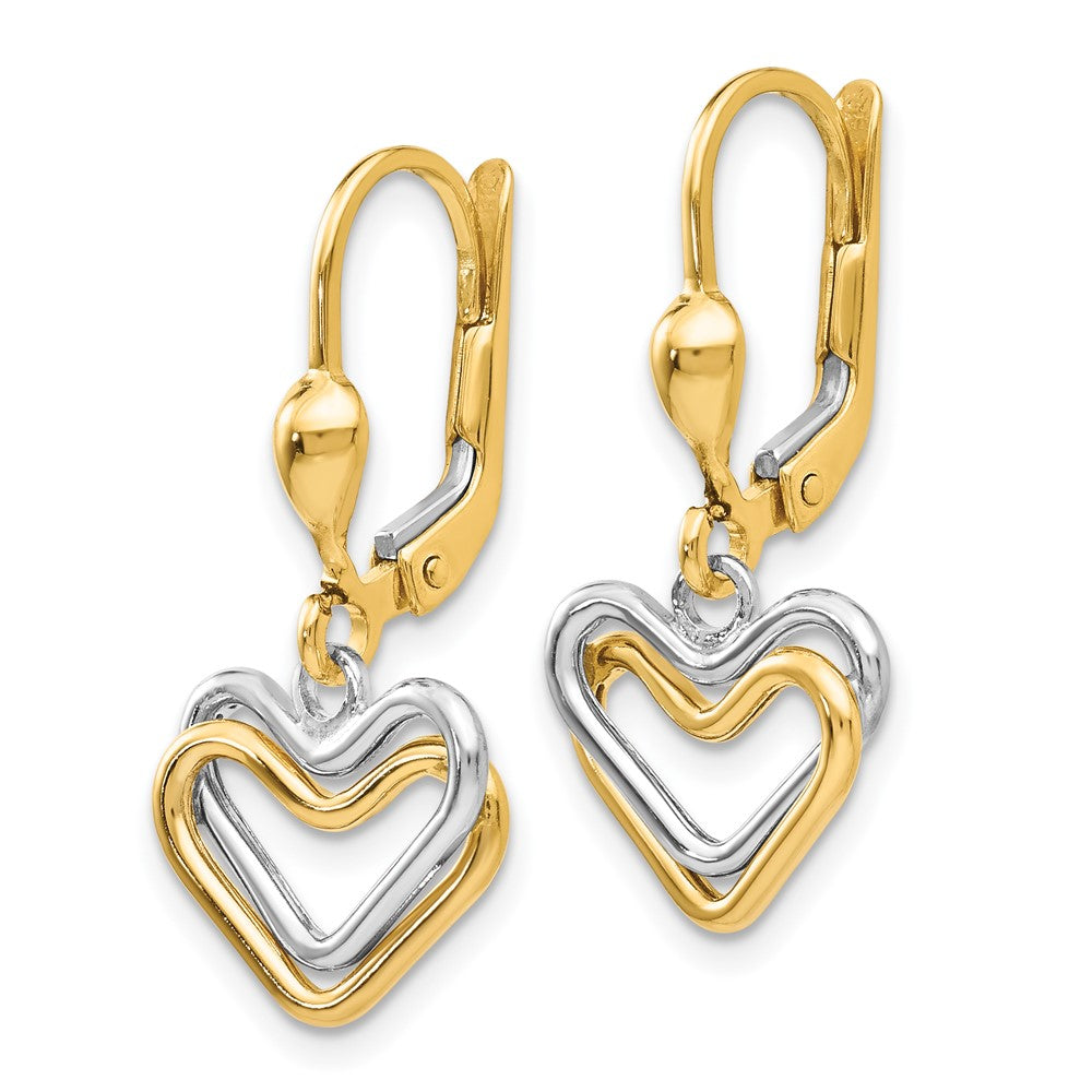 14K Two-Tone Gold Heart Leverback Dangle Earrings