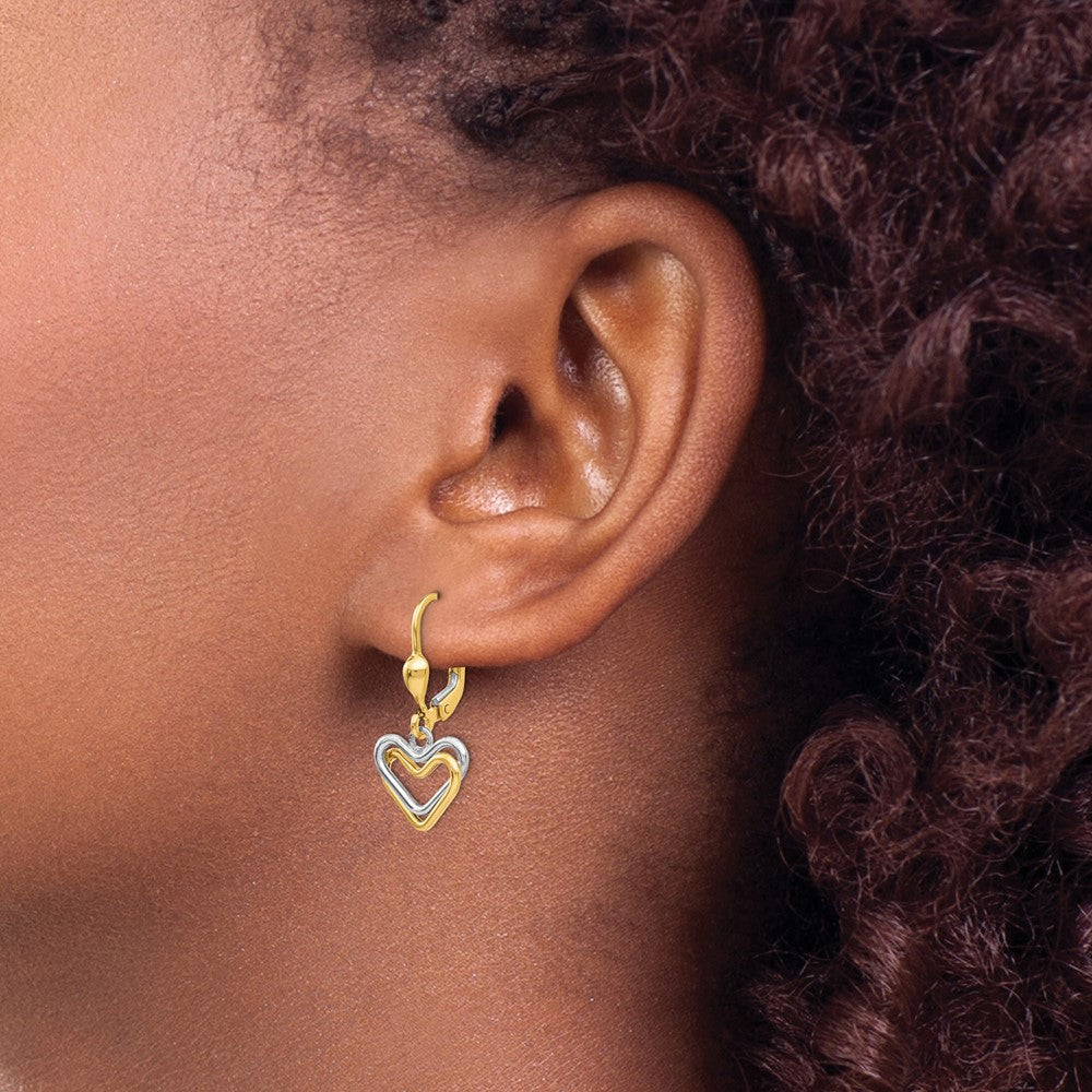 14K Two-Tone Gold Heart Leverback Dangle Earrings